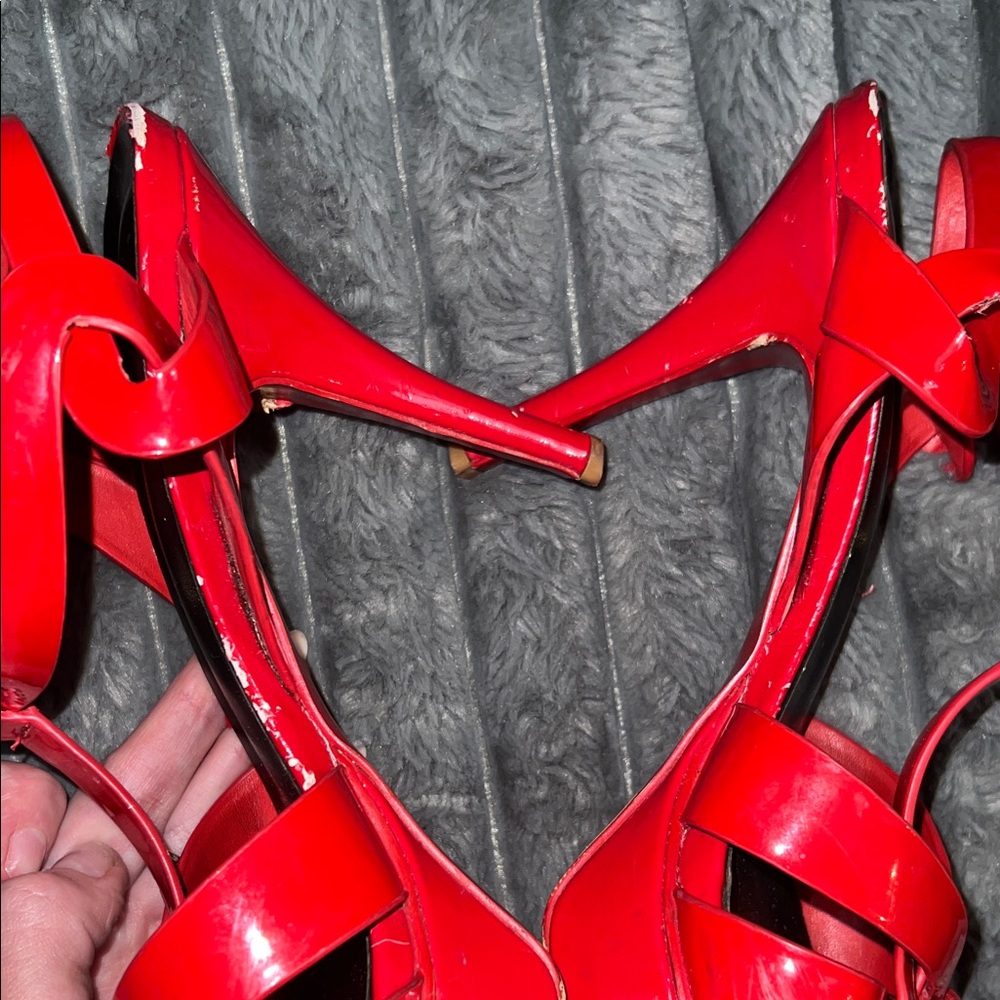 YSL Saint Laurent Red Patent Strappy Platform Heels - Picture 6 of 13